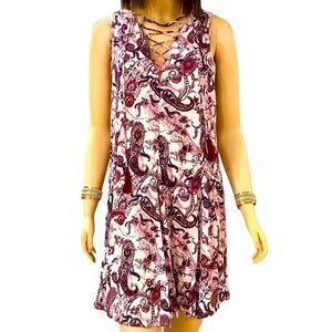 Sleeveless V Neck Lace Up Colorful Floral Paisley Casual A-line Above Knee Dress
